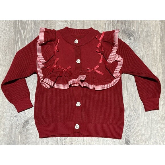 Shein Red Ruffled Cardigan With Bows Heart Shaped Buttons Size 18-24 Months - Picture 1 of 8